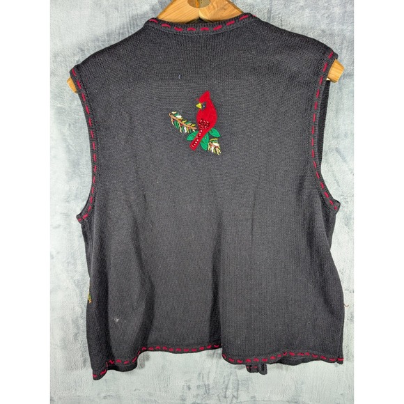 Vtg Bobbie Brooks Woman Plus Cardinal Bird Embroidered Black Sweater Ves 22W 24W - Picture 6 of 9